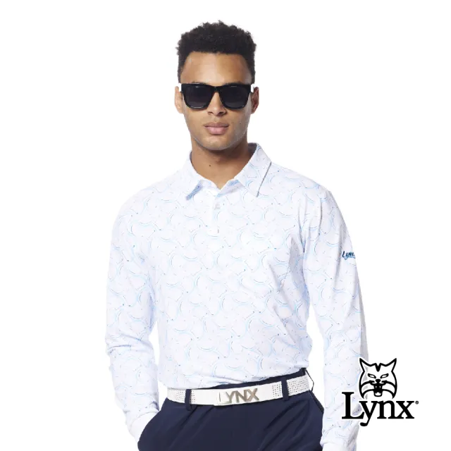 【Lynx Golf】男款吸濕排汗滿版波浪線條球桿組合印花胸袋款長袖POLO衫/高爾夫球衫(水藍色)