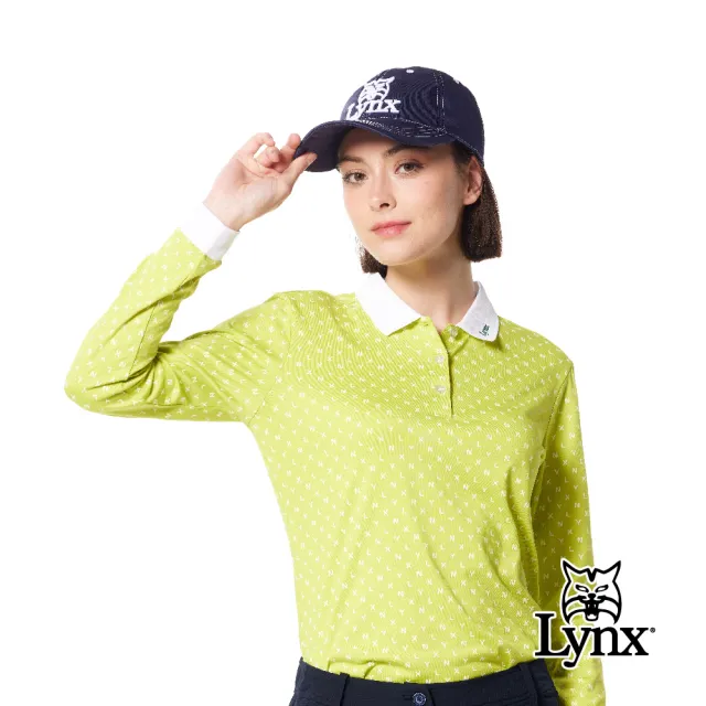 【Lynx Golf】女款吸濕排汗滿版Lynx字樣排列羅紋領繡花造型長袖POLO衫/高爾夫球衫(果綠色)