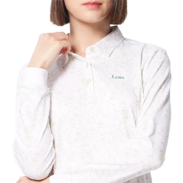 【Lynx Golf】女款吸濕排汗滿版花草葉木高爾夫元素線條印花繡花款長袖POLO衫/高爾夫球衫(草木綠色)