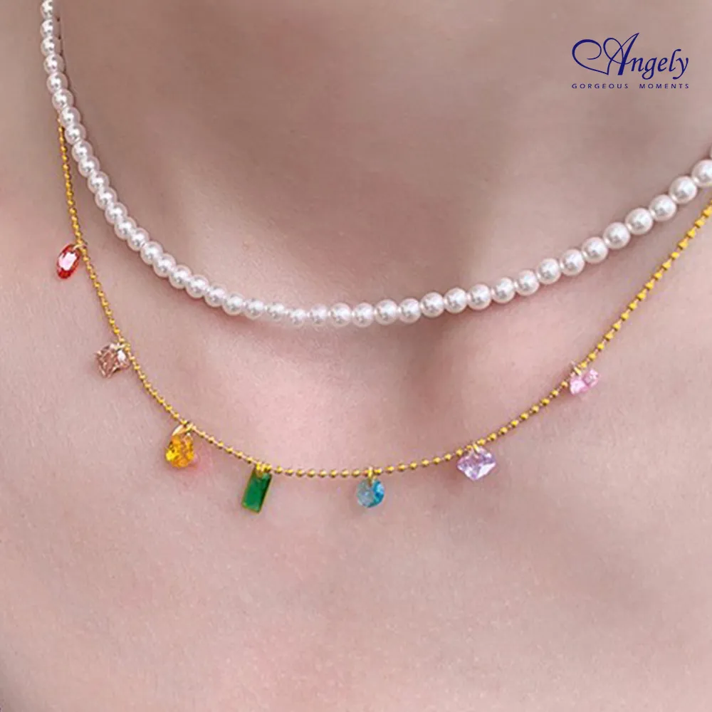 【Angely】巴洛克天然珍珠疊戴3A彩色鋯石項鍊