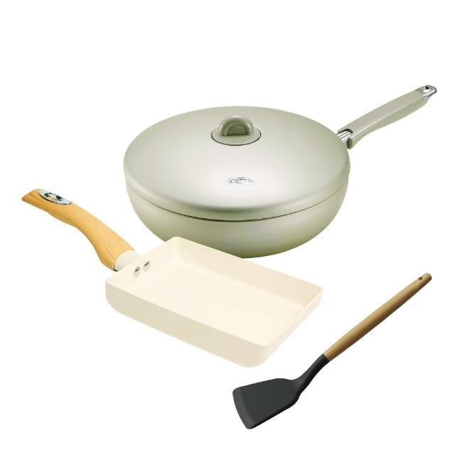 【RIKEN 理研】韓國製不沾平底鍋28cm+玉子燒18x13cm(贈 掌廚櫸木矽膠鏟)