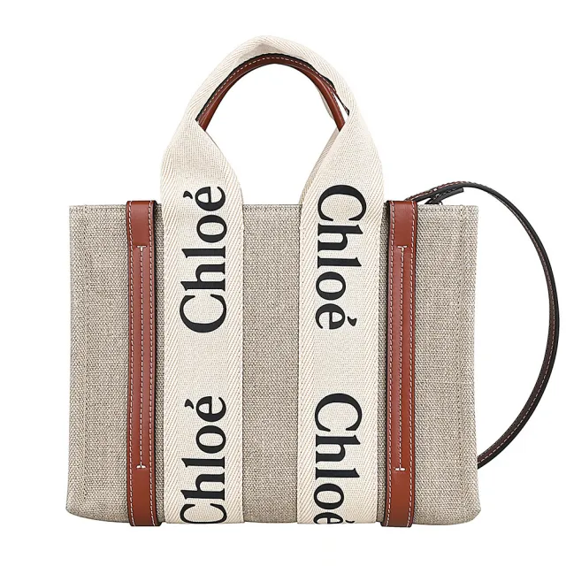 【Chloe’ 蔻依】Chloe Woody經典品牌LOGO設計亞麻帆布小牛皮手提肩背斜背托特包(小/白x棕)