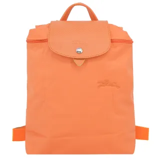 【LONGCHAMP】LE PLIAGE GREEN系列刺繡再生尼龍摺疊後背包(中/橙)