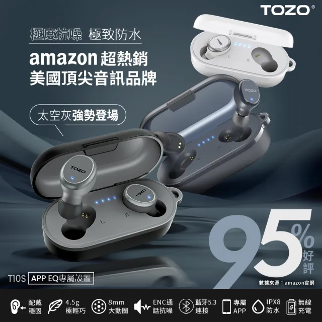 【TOZO】T10S降噪運動立體聲真無線藍牙耳機(專屬APP/ENC通話降噪/無線充電/入耳式/原廠公司貨/藍芽耳機)