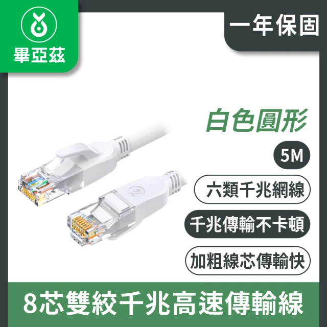 biaze 畢亞茲 CAT6網絡線 8芯雙絞千兆高速傳輸線 白色圓形 5m