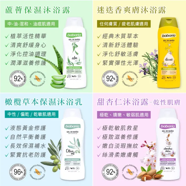 【babaria】草本植萃沐浴露600ml任選6入(蘆薈/迷迭香/甜杏仁)