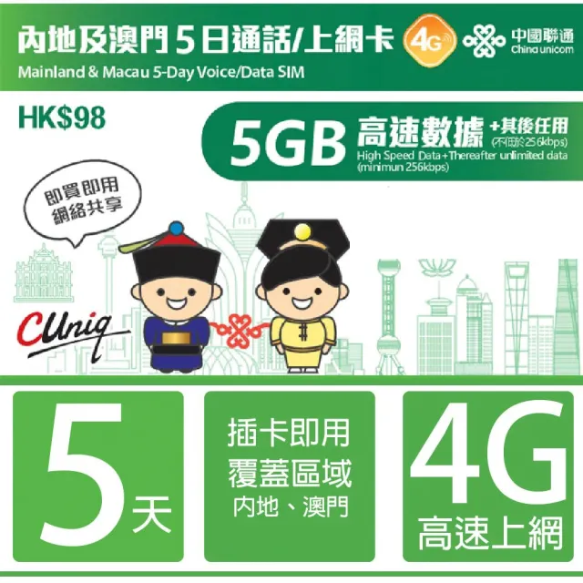 【中國聯通】中國 澳門5日5G上網卡  無限上網吃到飽(中國內地 澳門  4G網速 支援熱點分享)