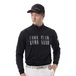 【Lynx Golf】男款吸濕排汗抗UV機能潮流LOGO排列字樣長袖立領/POLO衫/高爾夫球衫(黑色)