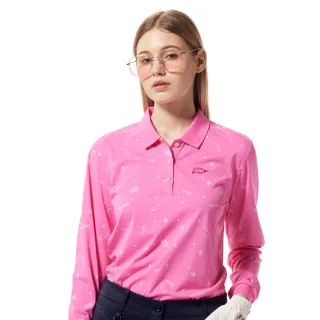 【Lynx Golf】女款吸濕排汗抗UV機能滿版線條高爾夫俏皮印花長袖POLO衫/高爾夫球衫(粉紅色)