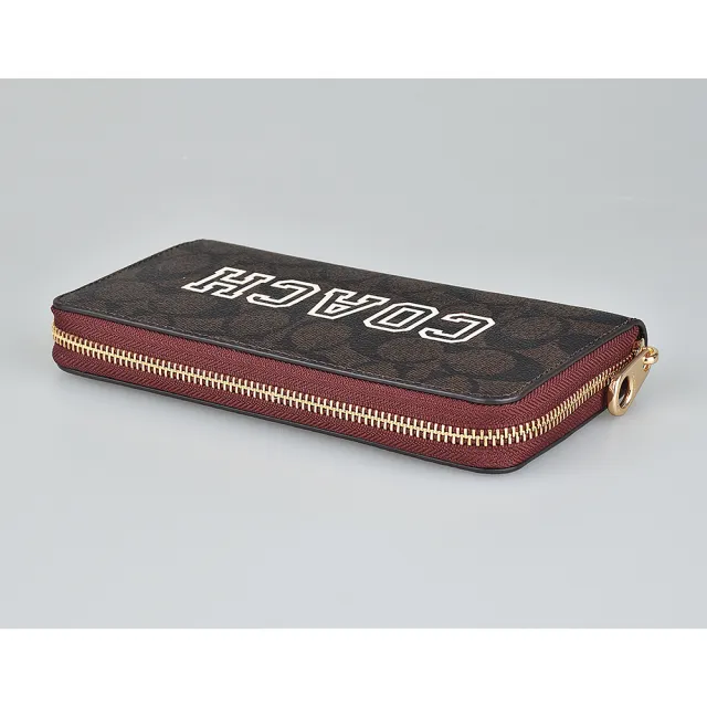 【COACH】COACH Varsity LOGO拉鍊12卡PVC長夾(深棕x白)