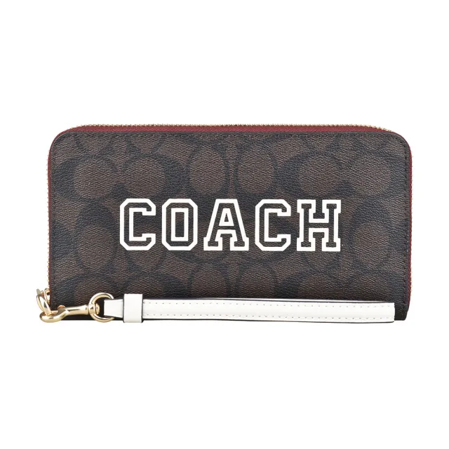 【COACH】COACH Varsity LOGO拉鍊12卡PVC長夾(深棕x白)