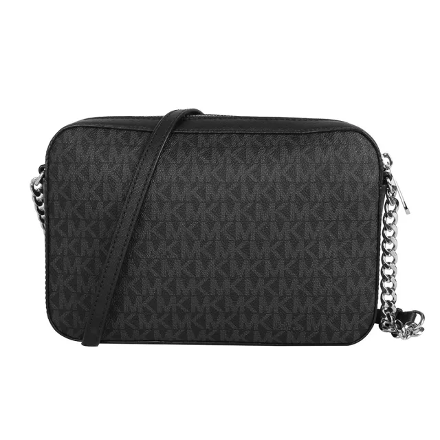 【Michael Kors】銀字滿版防刮LOGO拉鍊斜背方包(黑灰)