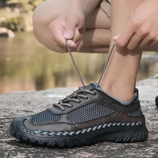 【MINE】真皮休閒鞋 戶外休閒鞋/真皮透氣網面拼接防滑透氣機能戶外休閒鞋-男鞋(灰)