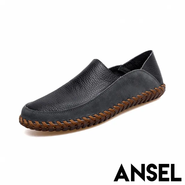 【ANSEL】真皮樂福鞋 厚底樂福鞋/真皮頭層牛皮雙色拼接兩穿法手工縫線厚底樂福鞋-男鞋(黑)