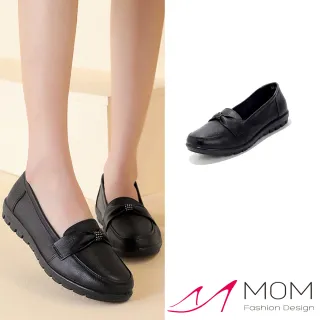 【MOM】真皮樂福鞋 圓頭樂福鞋/真皮典雅燙鑽蝴蝶結造型小圓頭樂福鞋(黑)
