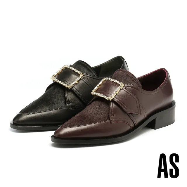 【AS 集團】奢華時髦晶鑽方釦魔鬼氈寬帶全真皮尖頭低跟鞋(紫)