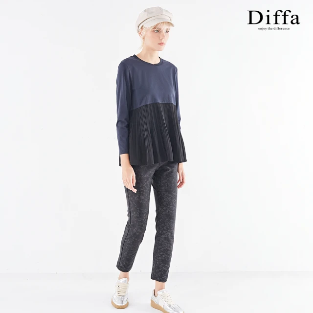 Diffa 鬆緊腰設計黑色迷彩長褲-女