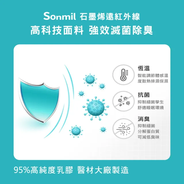 【sonmil】石墨烯雙效95%高純度乳膠床墊5尺10cm雙人床墊 吸濕排汗(頂級先進醫材大廠)