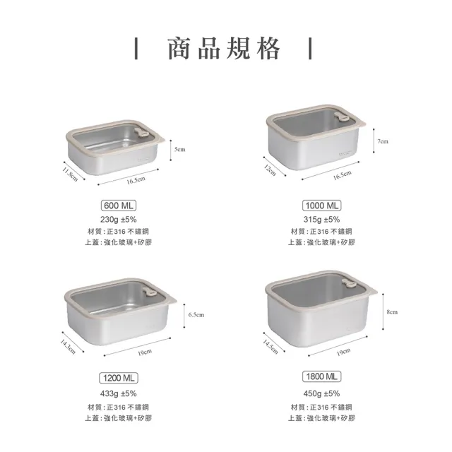 【MASIONS 美心】PREMIUM皇家316可微波不鏽鋼保鮮盒6件組1.8L+1.2L+1Lx2+0.6Lx2