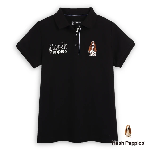 Hush Puppies 女裝 POLO衫 經典品牌英文印花刺繡狗短袖POLO衫(黑色 / 44201102)