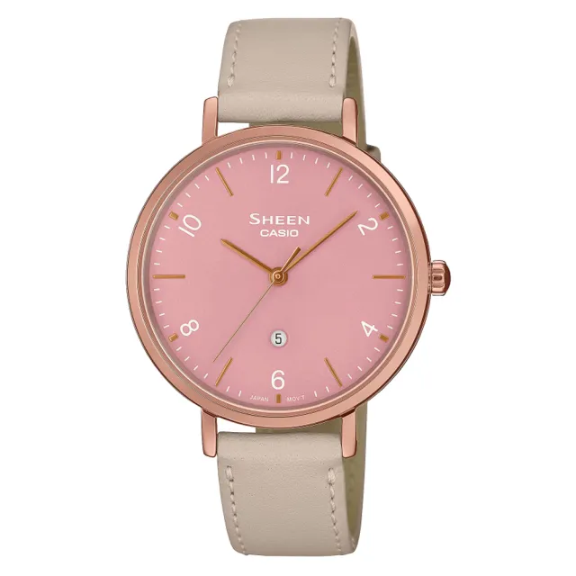 【CASIO 卡西歐】SHEEN 都市時尚配色 真皮錶帶淑女腕錶-粉34mm(SHE-4562PGL-4A)
