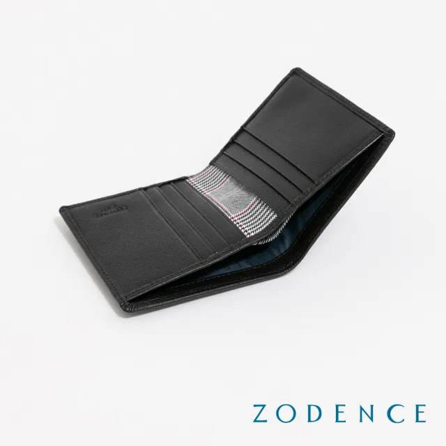 【ZODENCE 佐登司】KIRK進口真皮格紋6卡直式短夾(黑)