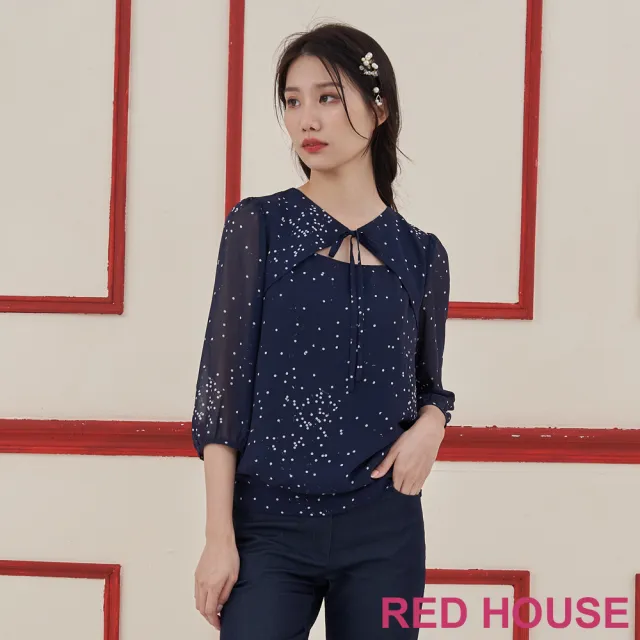 【RED HOUSE 蕾赫斯】綁帶鏤空點點印花上衣(藍色)
