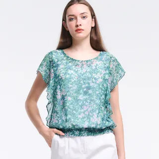 【TOWN’WEAR 棠葳】清新印花雪紡上衣(中大尺碼/女上衣/女上著/滿版/透膚/輕薄/清涼/鑽飾)