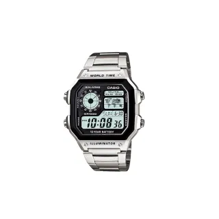 【CASIO 卡西歐】AE-1200WHD-1A 數位方塊 世界地圖顯示(100米防水不鏽鋼錶帶)