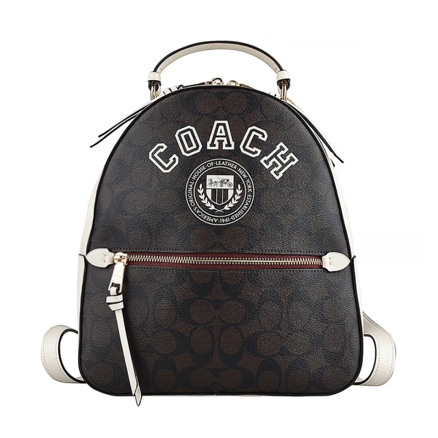 COACH COACH Jordyny字母LOGO拉鍊PVC緹花搭校徽後背包(深棕x白)