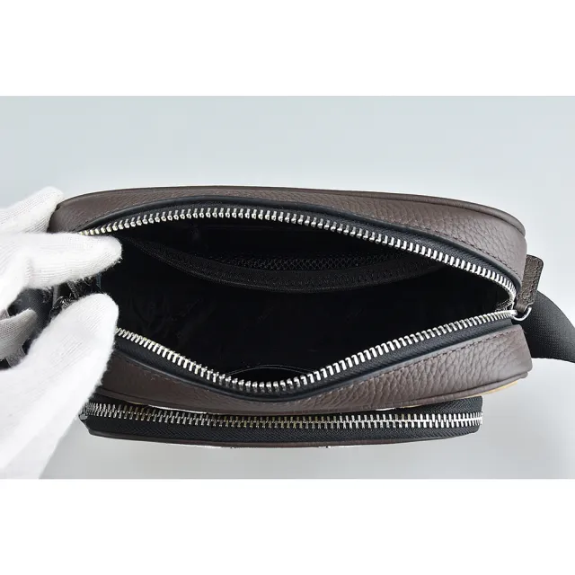【Michael Kors】MK MICHAEL KORS Hudson LOGO拉鍊牛皮拼接雙條紋PVC斜背包(淺駝x褐x白/附零錢包)