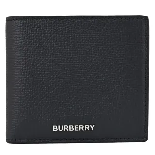 【BURBERRY 巴寶莉】簡約金屬LOGO小牛皮雙層對折4卡零錢短夾(黑)