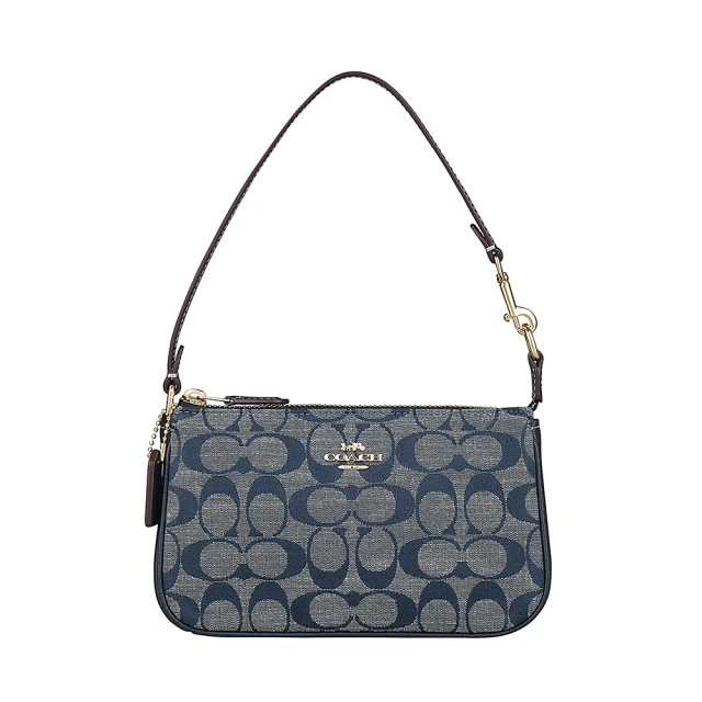 COACH COACH NOLITA 19 LOGO拉鍊金字緹花布拼牛皮設計手提麻將包(丹寧藍)