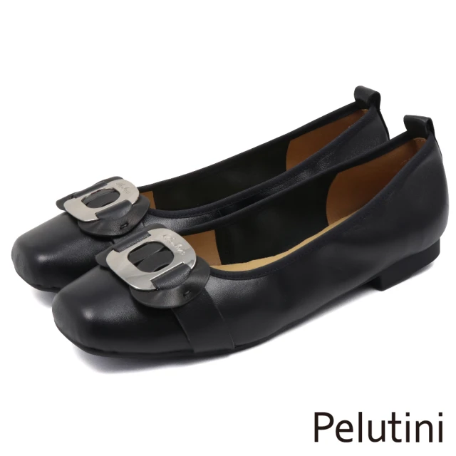 Pelutini 經典雙圈金屬造型釦飾方頭淑女鞋 黑色(431103W-BL)