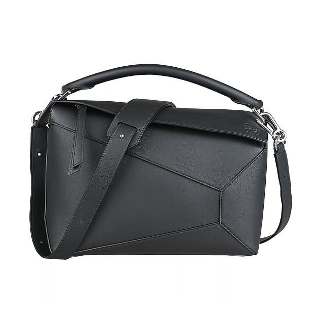 【LOEWE 羅威】LOEWE Puzzle壓印LOGO小牛皮拉鍊手提/斜背兩用包(中/黑)