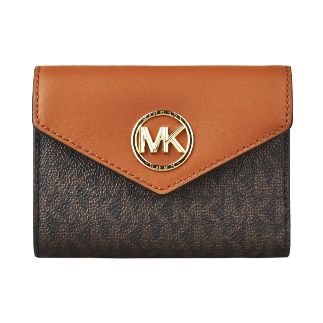 Michael Kors MK MICHAEL KORS CARMEN金字LOGO釦式PVC拼牛皮4卡短夾(橡子棕x深褐)