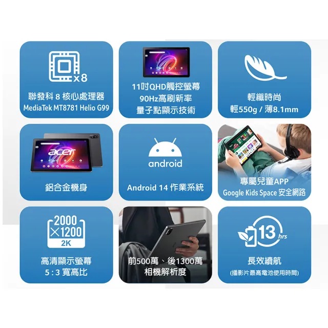 【Acer 宏碁】Iconia Tab P11 11吋 8G/128G WiFi 平板電腦(幻霧灰)