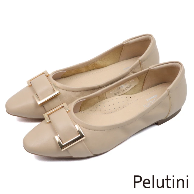 Pelutini 尖頭金屬簡約釦飾平底淑女包鞋 杏色(431105W-BE)