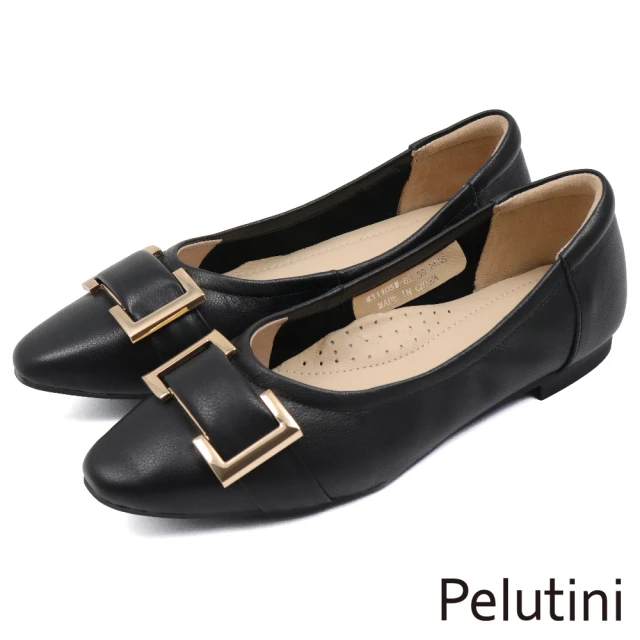 Pelutini 尖頭金屬簡約釦飾平底淑女包鞋 黑色(431105W-BL)