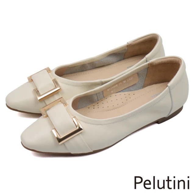 Pelutini 尖頭金屬簡約釦飾平底淑女包鞋 白色(431105W-IV)