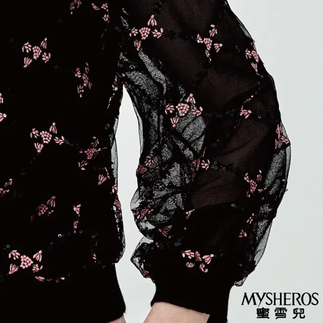 【MYSHEROS 蜜雪兒】造型上衣 滿版網紗刺繡亮片 縮口袖設計(黑)