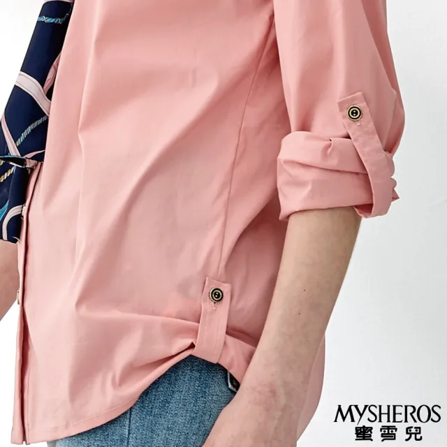 【MYSHEROS 蜜雪兒】純棉長版襯衫上衣 附絲巾 排釦翻領可調節袖設計(粉)