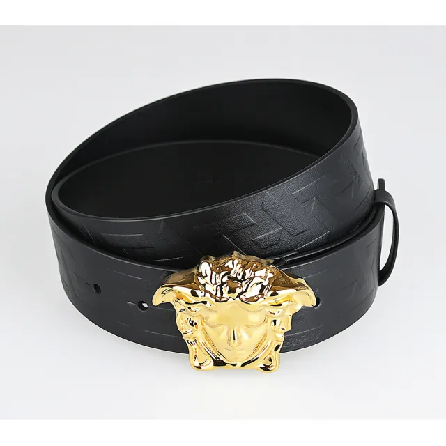 【VERSACE 凡賽斯】VERSACE La Medusa Greca鍍金扣頭LOGO壓花小牛皮扣式皮帶(男款/黑)
