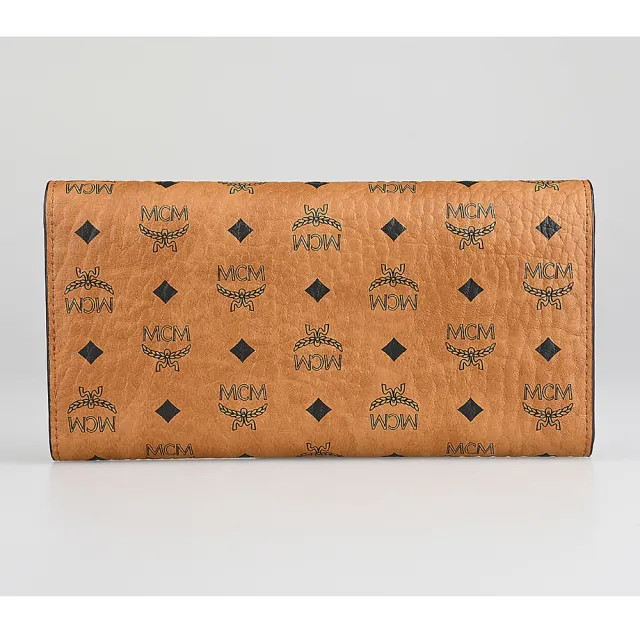 【MCM】MCM Visetos Original黑字LOGO小牛皮10卡按釦式三折長夾(白蘭地棕)
