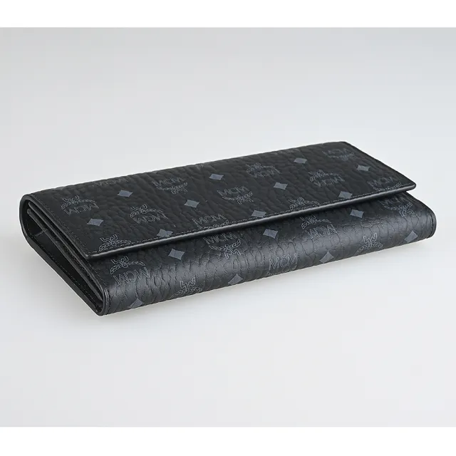 【MCM】MCM Visetos Original灰藍字LOGO小牛皮10卡按釦式三折長夾(黑)