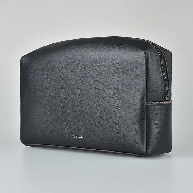 【Paul Smith】PAUL SMITH白字LOGO拉鍊彩繪內襯牛皮化妝包(黑)