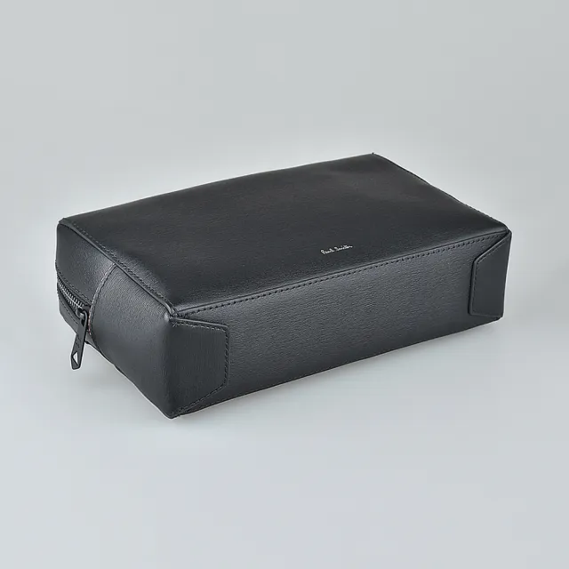 【Paul Smith】PAUL SMITH白字LOGO拉鍊彩繪內襯牛皮化妝包(黑)