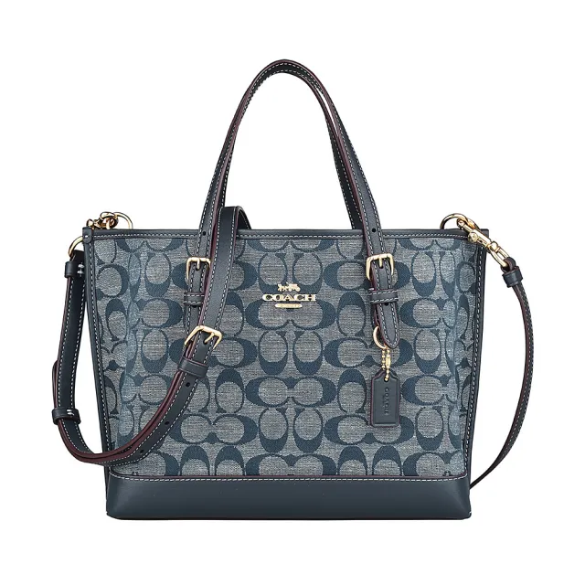 【COACH】COACH MOLLY 25 MOLLIE馬車LOGO開口式手提緹花帆布搭牛皮斜背托特包(丹寧藍)