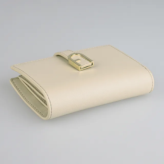 【FURLA 芙拉】FURLA Flow拱形金釦LOGO小牛皮6卡按釦式對折中夾(小/米)