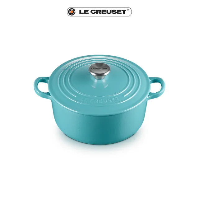 【Le Creuset】琺瑯鑄鐵鍋圓鍋 22cm(土耳其藍-鋼頭-內鍋黑)